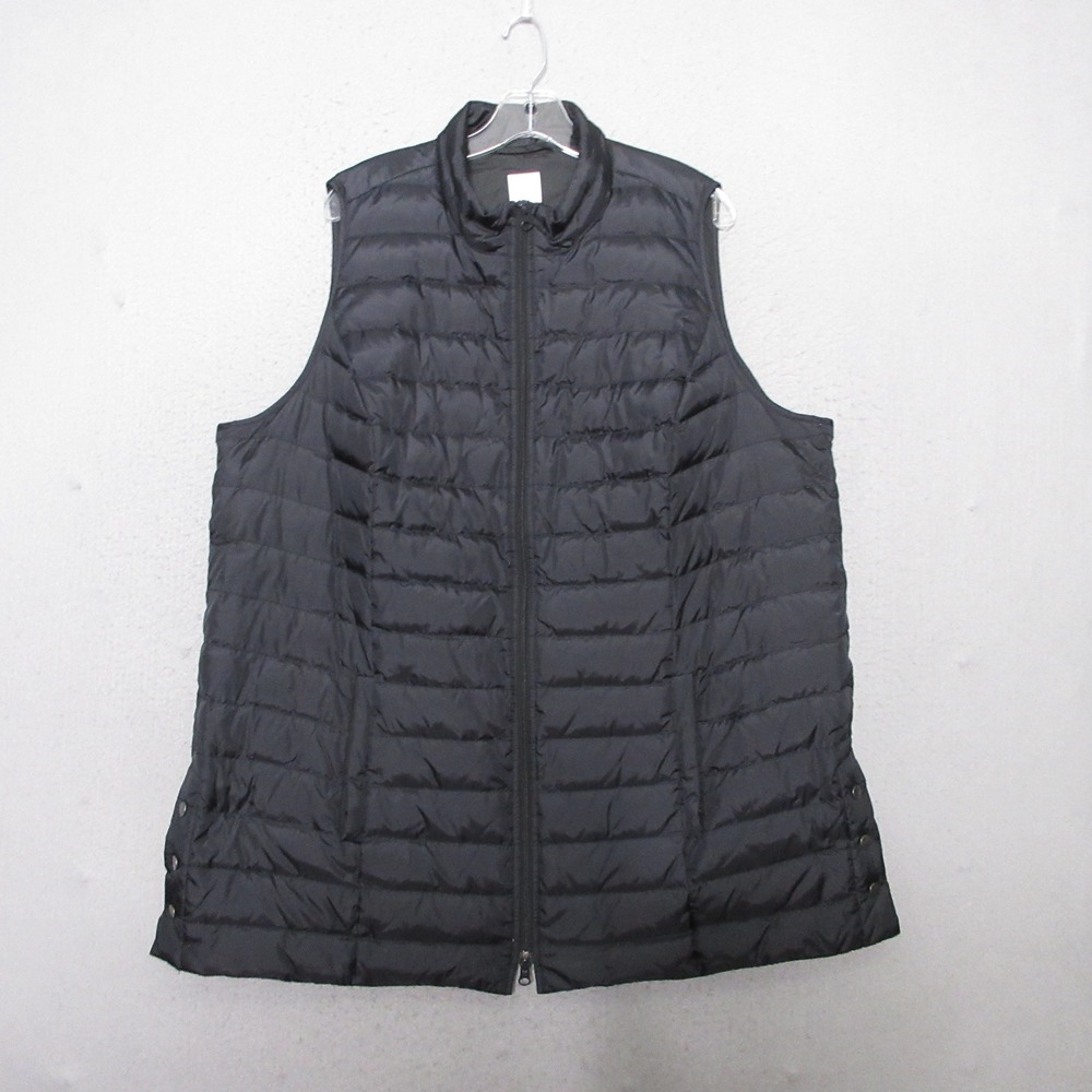 J Jill Puffer Vest 2X Black Down Filled Quilted Snap Sides Pockets Layer Mock